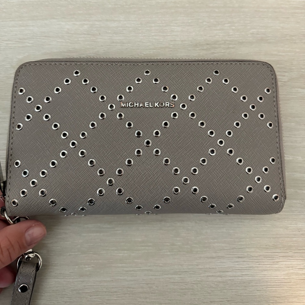 Michael Kors Gray Studded Large Zip Around Wallet
